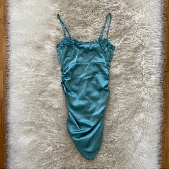 PrettyLittleThing Teal Light Blue Satin Sleeveless Corset Ruched Bodycon Dress - Picture 7 of 12